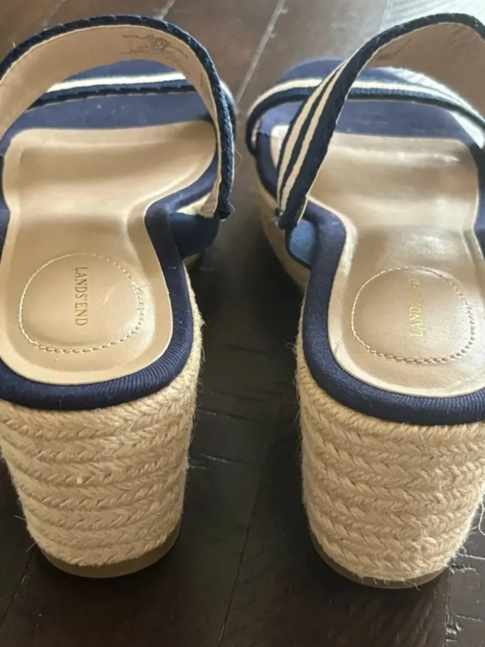 Lands End Navy/White Espadrille Slide Jute 2 Strap Wedge Sandal SZ 8